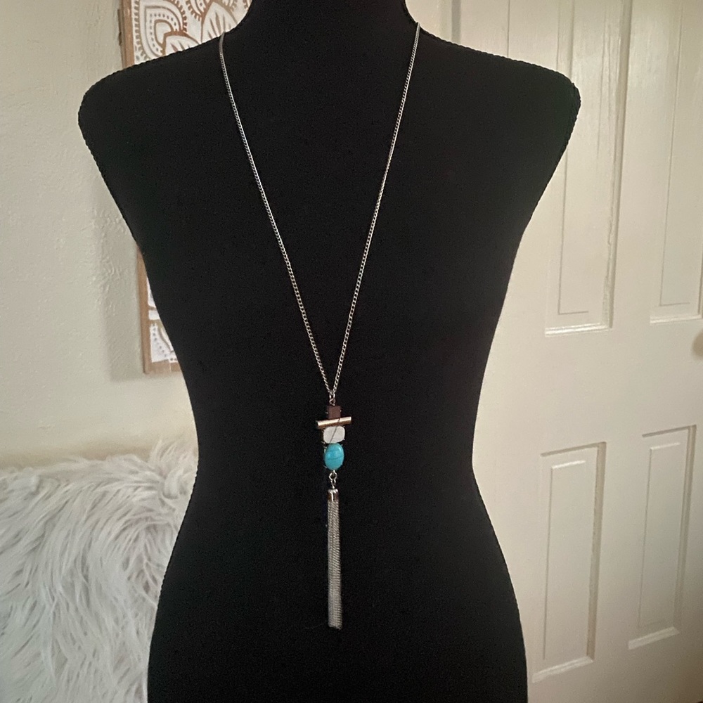 Paparazzi turquoise & white tassel necklace & earring set long new!!!